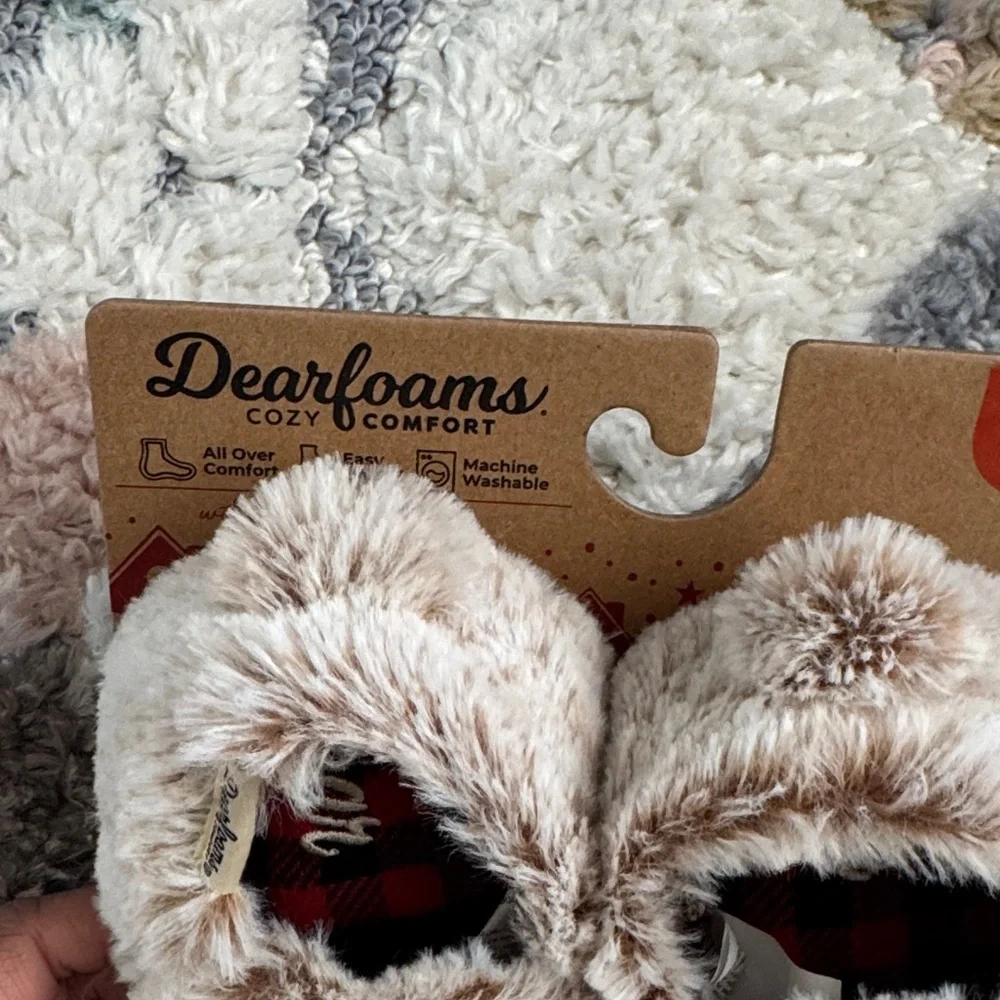 Dearfoams Fuzzy Tan Bear Face Slippers